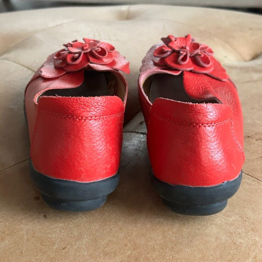 Red Lagenlook Art Teacher Ballet Flats Romantic Flower Soft Leather Shoes, 7.5 - Picture 8 of 11